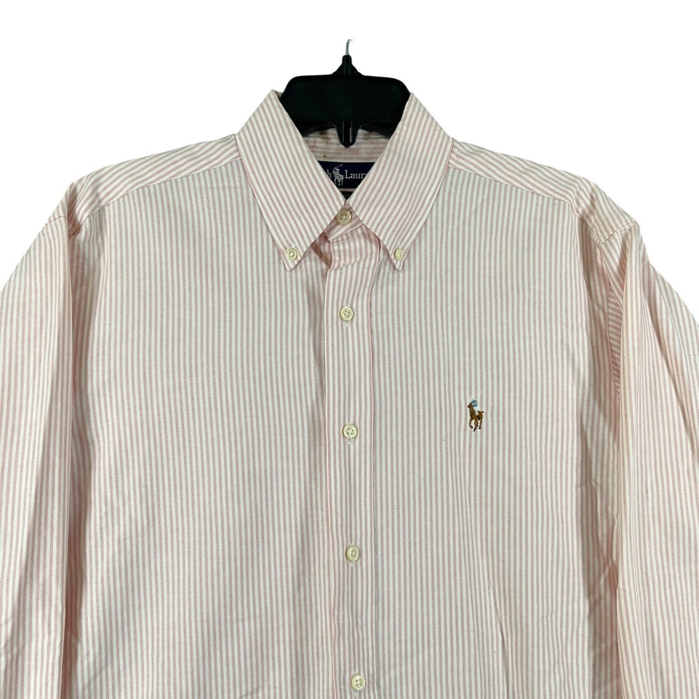 Ralph Lauren Shirt Mens 15.5x33 Pink Stripe Cotton Button Down Flesh Pony
